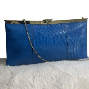 Vintage Etra Blue Leather Clutch 80’s Shoulder Bag with Chain Strap